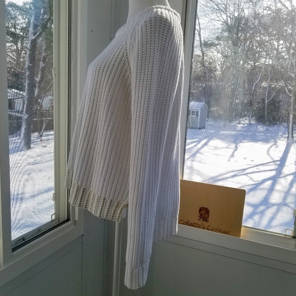 Michael Kors White Knit Gold Studded Stripe Hem Crewneck Sweater - Picture 4 of 8